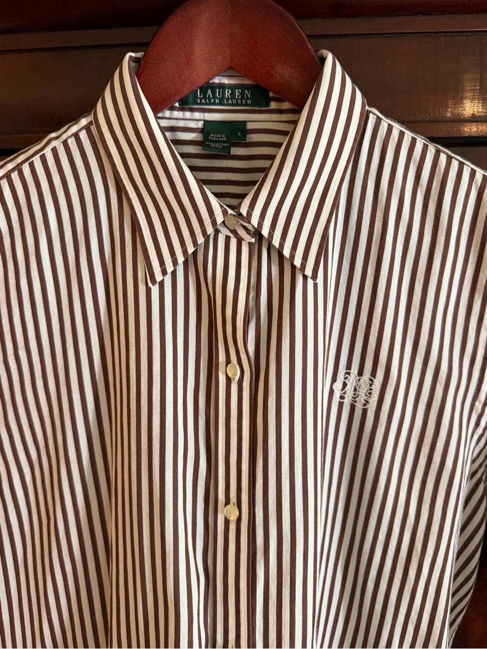 Lauren Ralph Lauren Brown & White Striped Cotton Dress Shirt with Logo